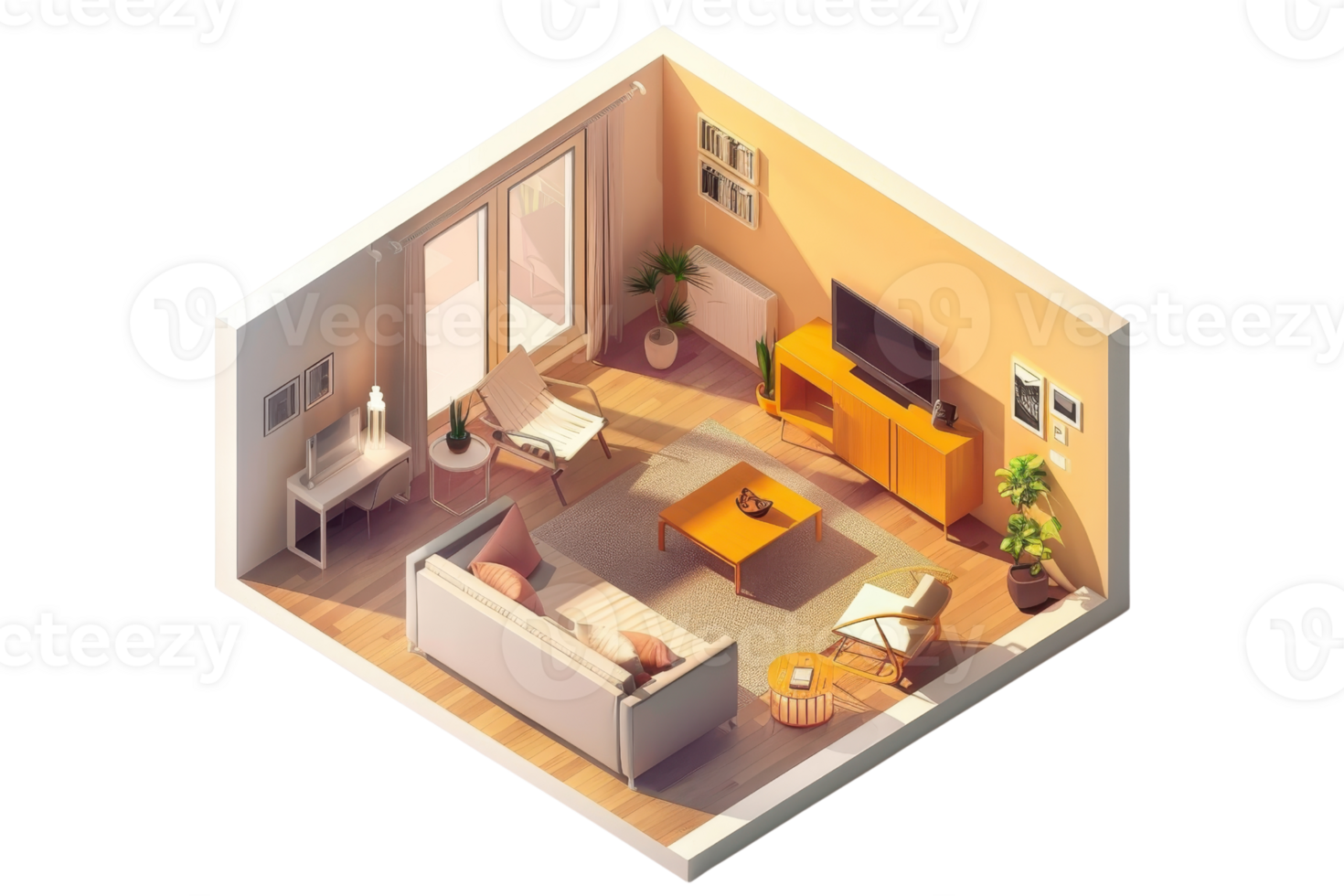 Cozy modern living room with sunlight filtering through windows, featuring a comfortable sofa, TV unit, and decorative plants. png