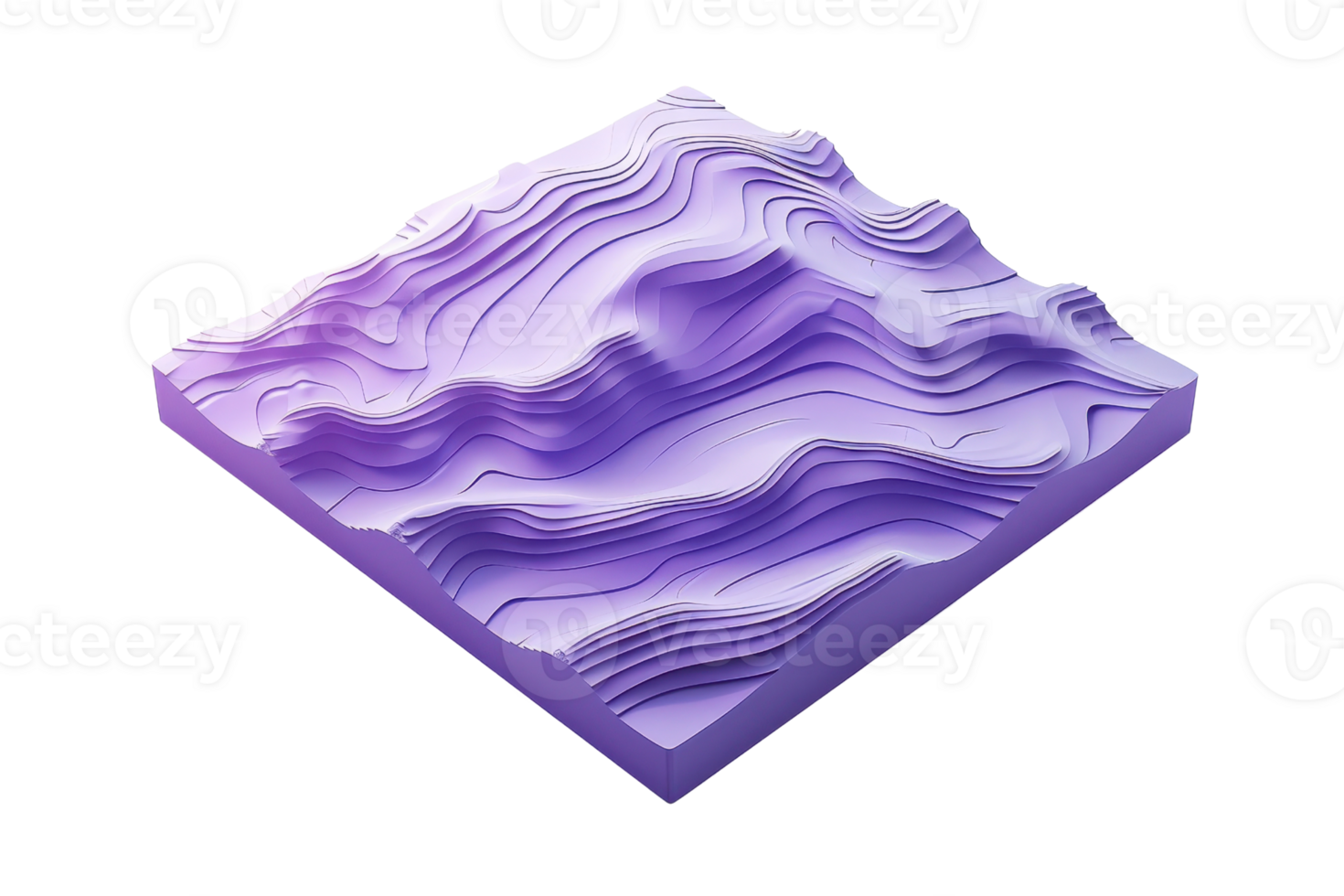 3D topographic map in purple, showcasing terrain elevation and layers, ideal for geographical data visualization and scientific presentations. png