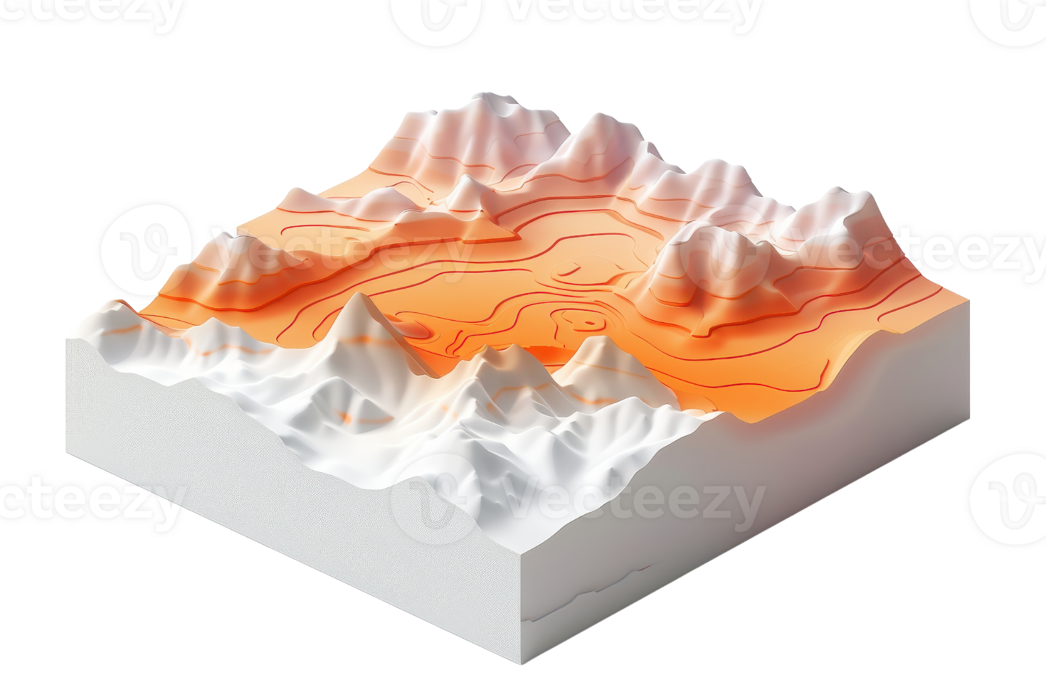 3D topographic model showcasing mountainous terrain with elevated peaks, valleys, and contour lines, illustrating geographical features. png