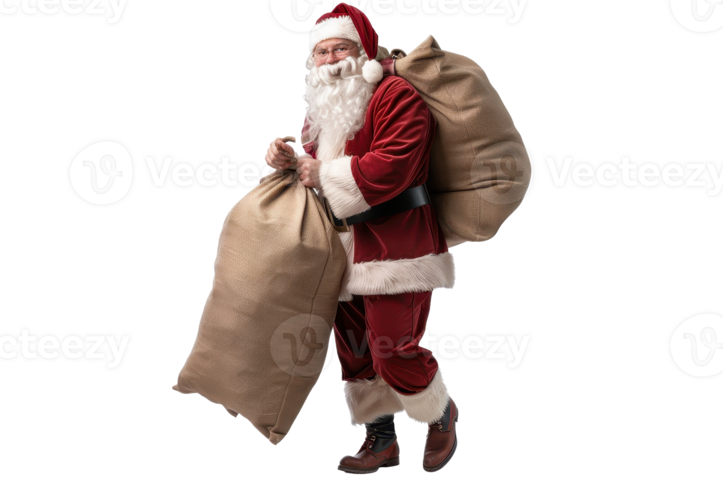 Santa Claus carrying a large sack of presents, dressed in a traditional red suit. Perfect for Christmas-themed projects and holiday promotions. png