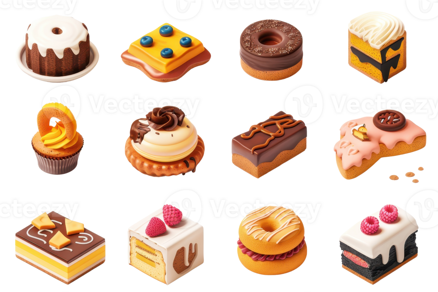 A colorful assortment of various cakes and pastries, including donuts, tarts, and layered cakes, showcasing delightful and intricate designs. png