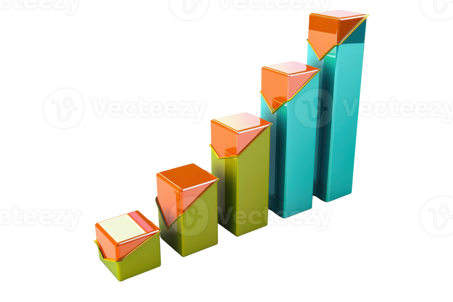 3D bar chart graph showing growth, depicted with colorful bars and upward arrows, symbolizing statistical analysis and progress. png