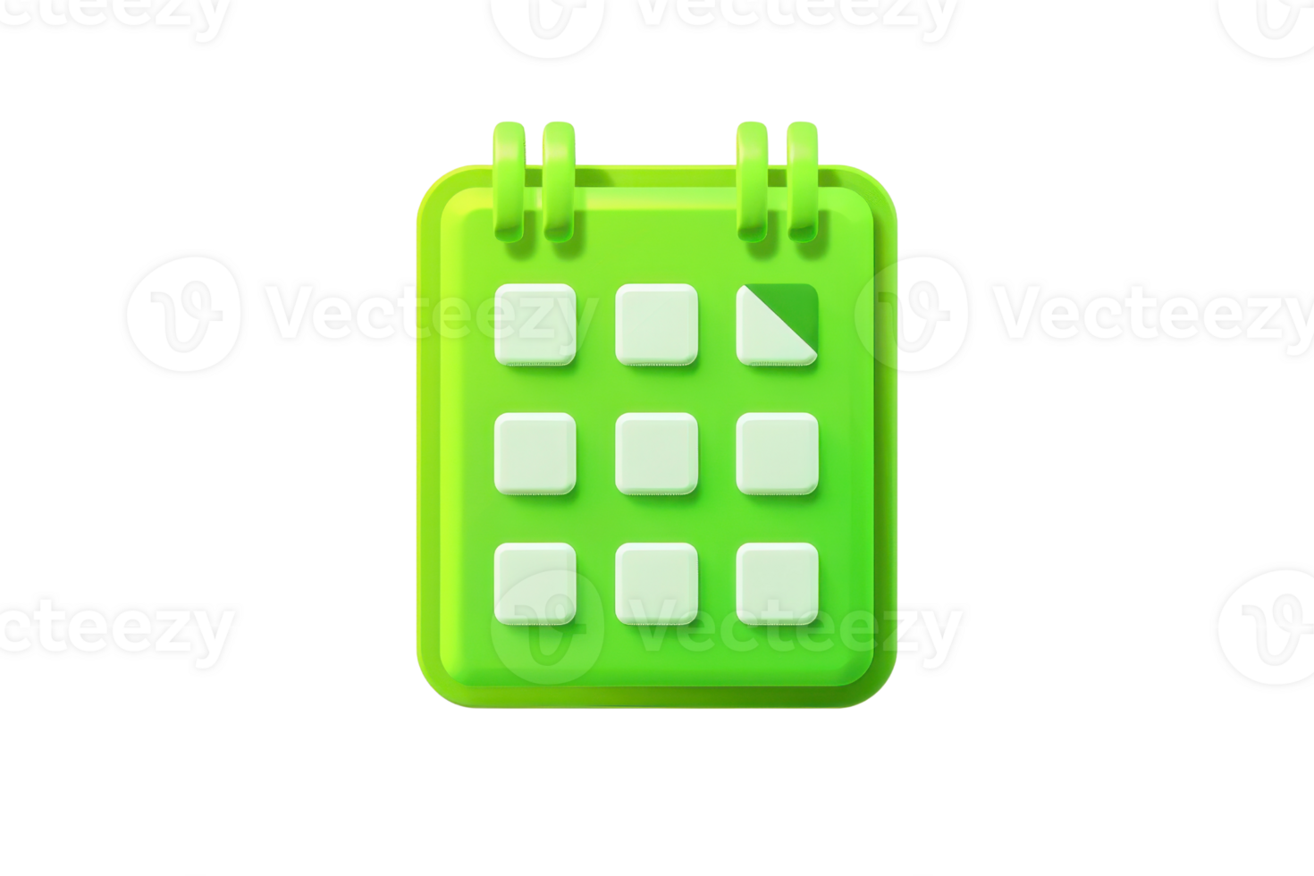 3D green calendar icon with grid and single page turn, isolated on transparent background. Suitable for themes of planning, time management, and scheduling. png