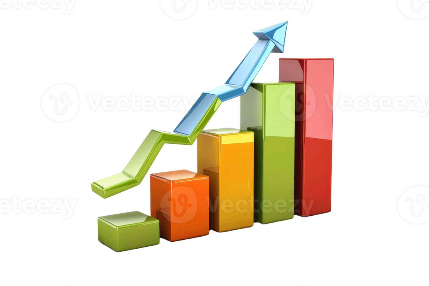3D bar chart with ascending arrow symbolizing business growth, success, and financial improvement in vibrant colors. png