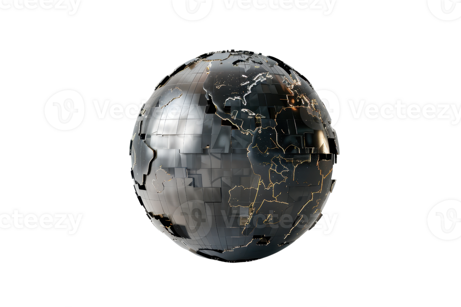 Futuristic black metallic globe with golden outlines, depicting a high-tech world map. Perfect for modern design, tech, and global themes. png