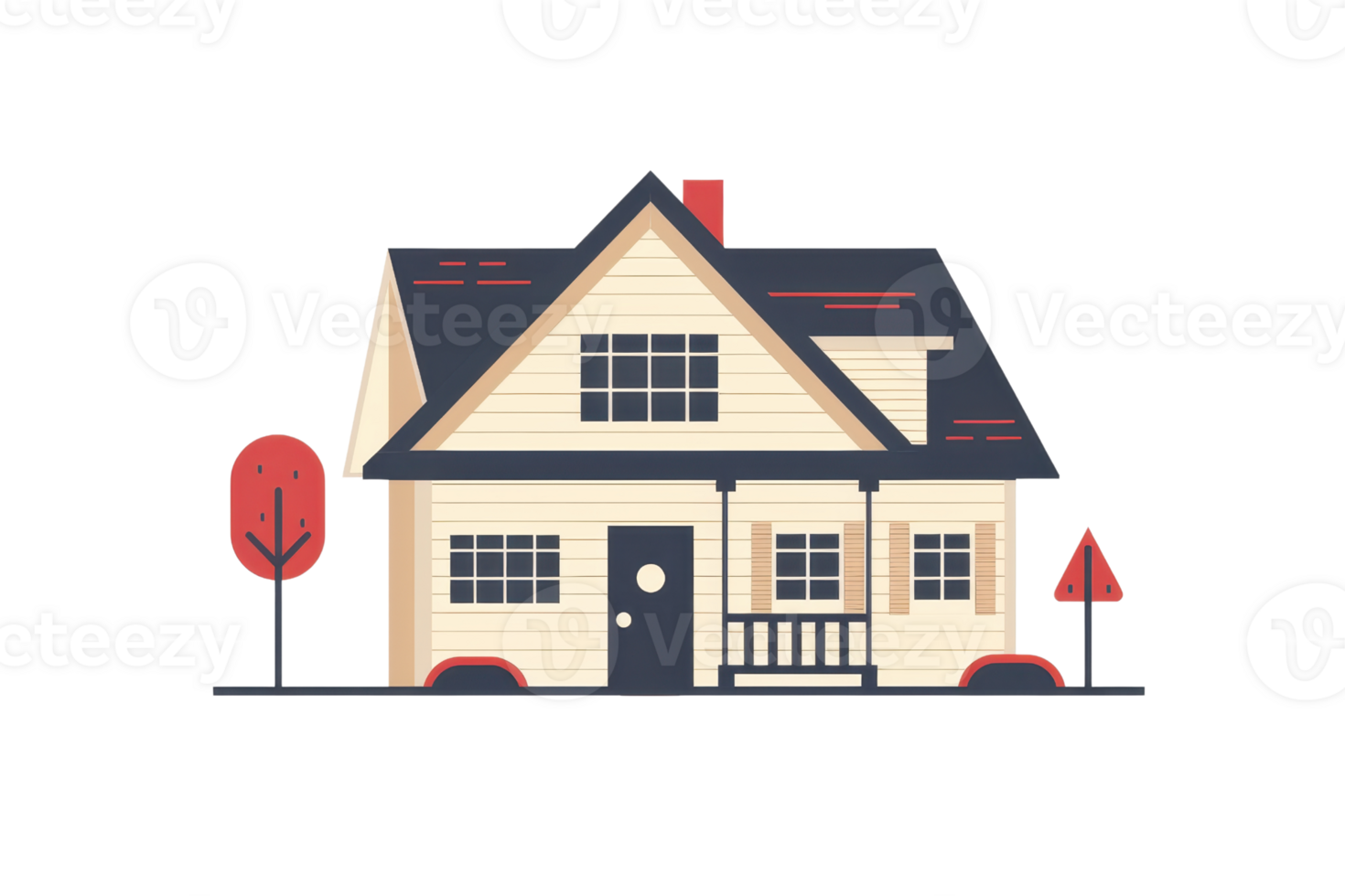 Illustration of a charming suburban house with a front porch and two trees, capturing the essence of cozy residential living. png
