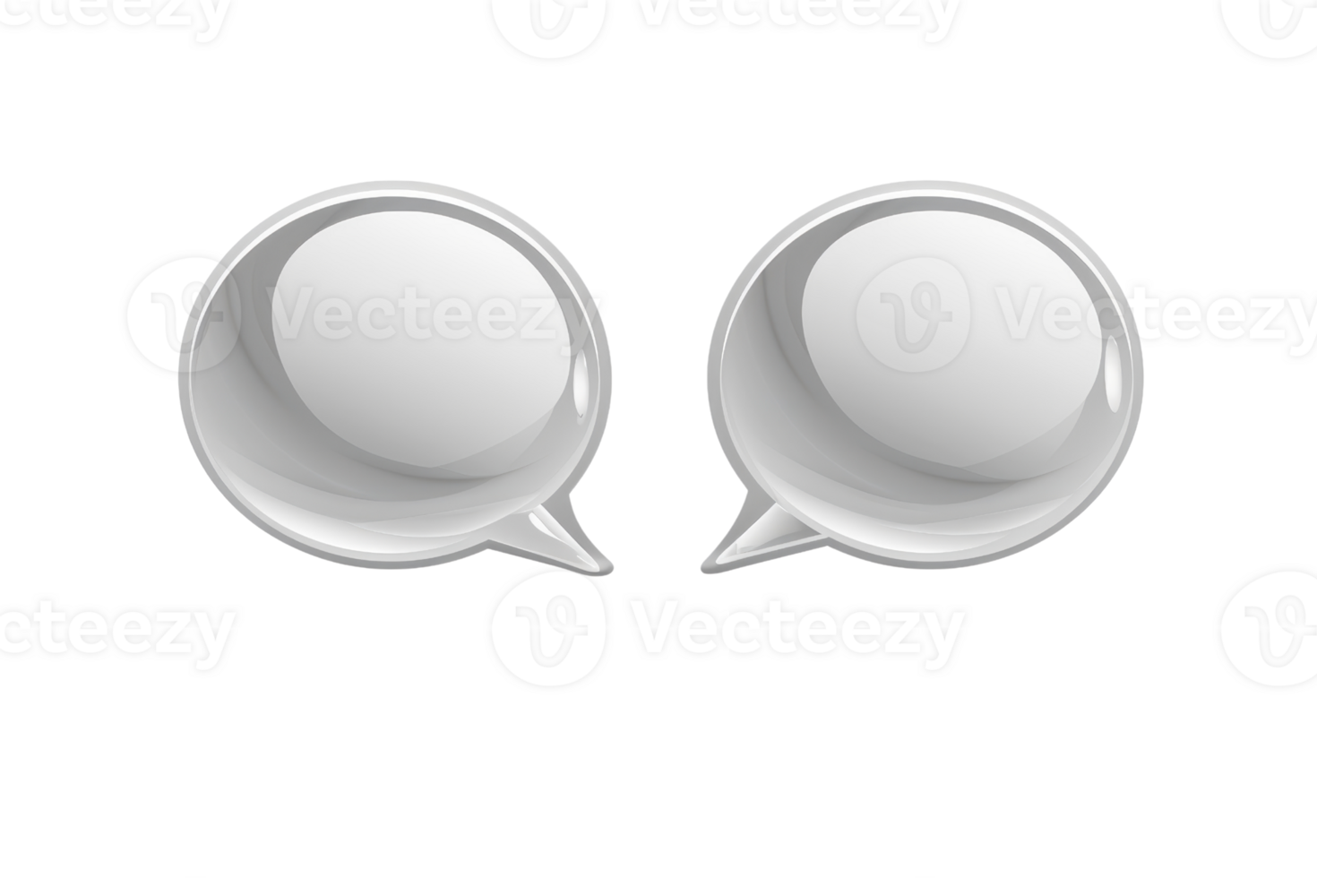 Two glossy silver chat bubbles representing communication and conversation, isolated on transparent background. png