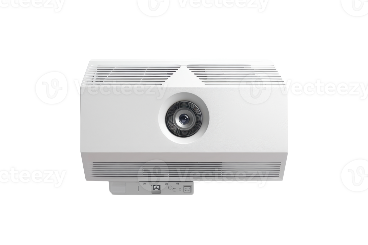 White multimedia projector with lens in front view, isolated on a transparent background. Ideal for presentations and home theater setups. png