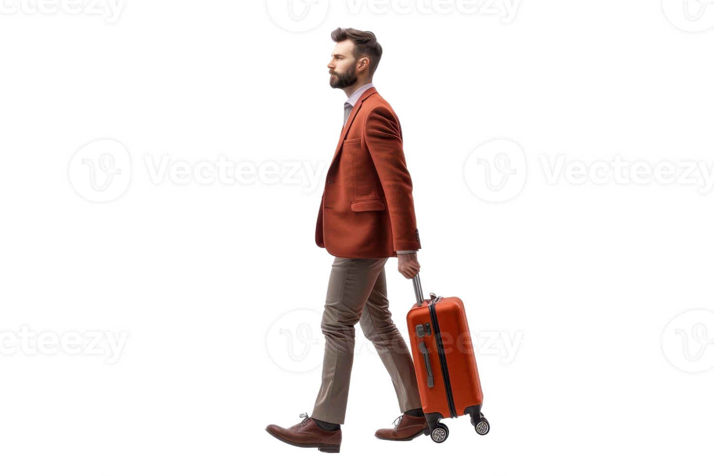 Confident man in a stylish suit walking with an orange suitcase, isolated on white. Travel, business, and fashion concept. png