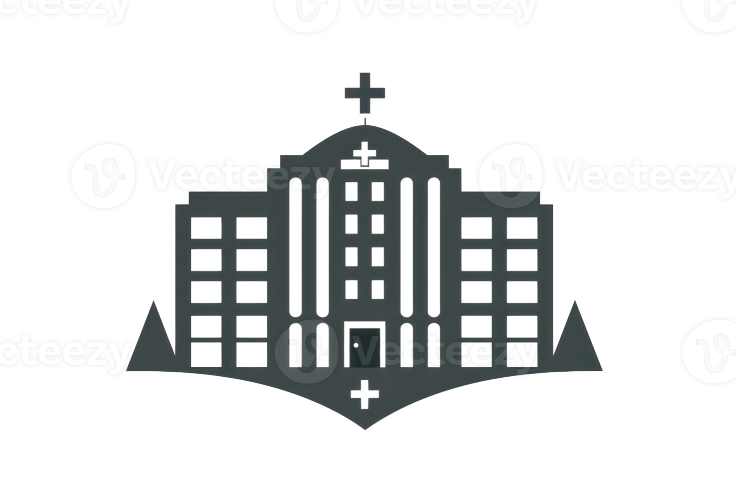 Monochrome illustration of a hospital building with a cross, symbolizing healthcare, medical services, and emergency facilities. png