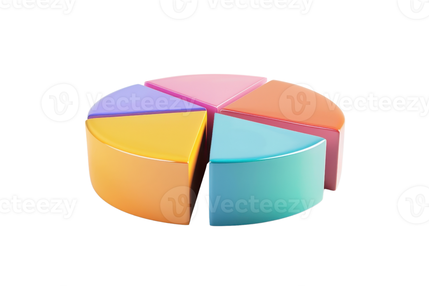 Colorful 3D pie chart with six vibrant segments. Ideal for data visualization, presentations, and infographics. Isolated on transparent background. png