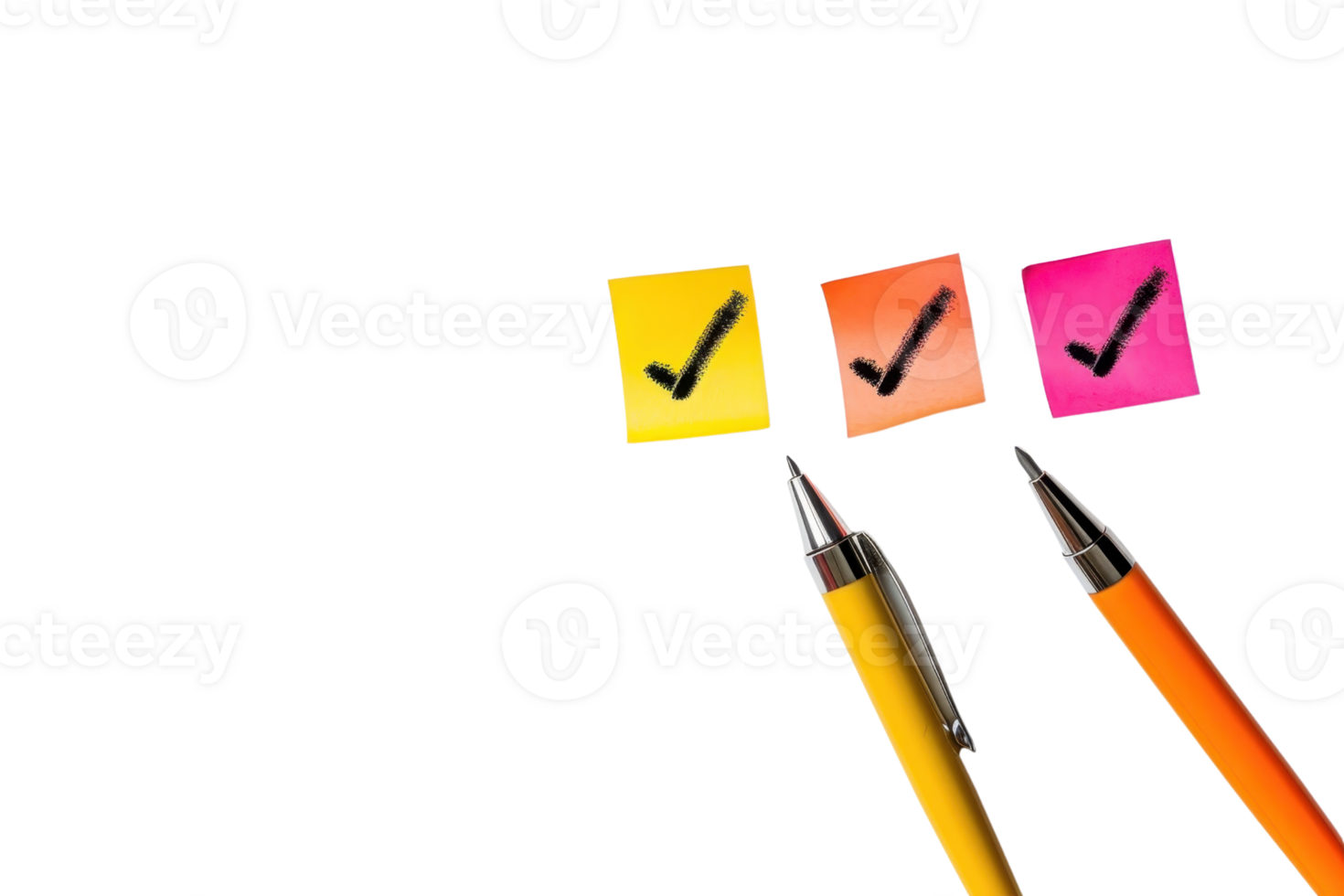Colorful sticky notes with check marks, next to pencils. Concept of organization, planning, and task management. png