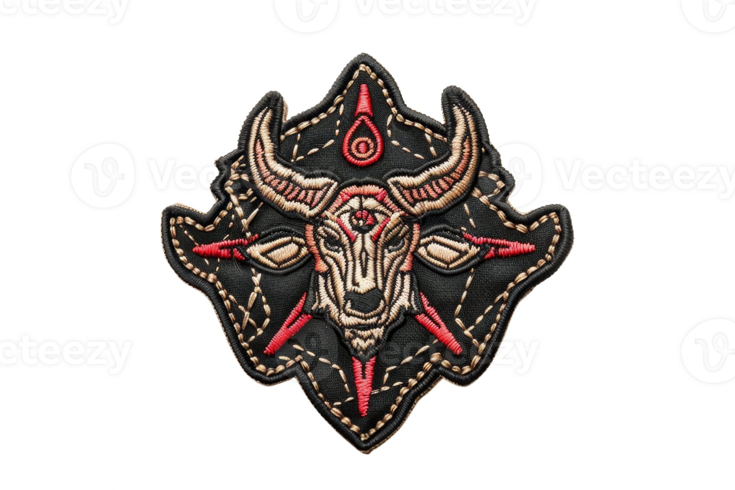 Close-up of a detailed embroidered patch featuring a stylized bull skull with horns and red accents on a black background. png