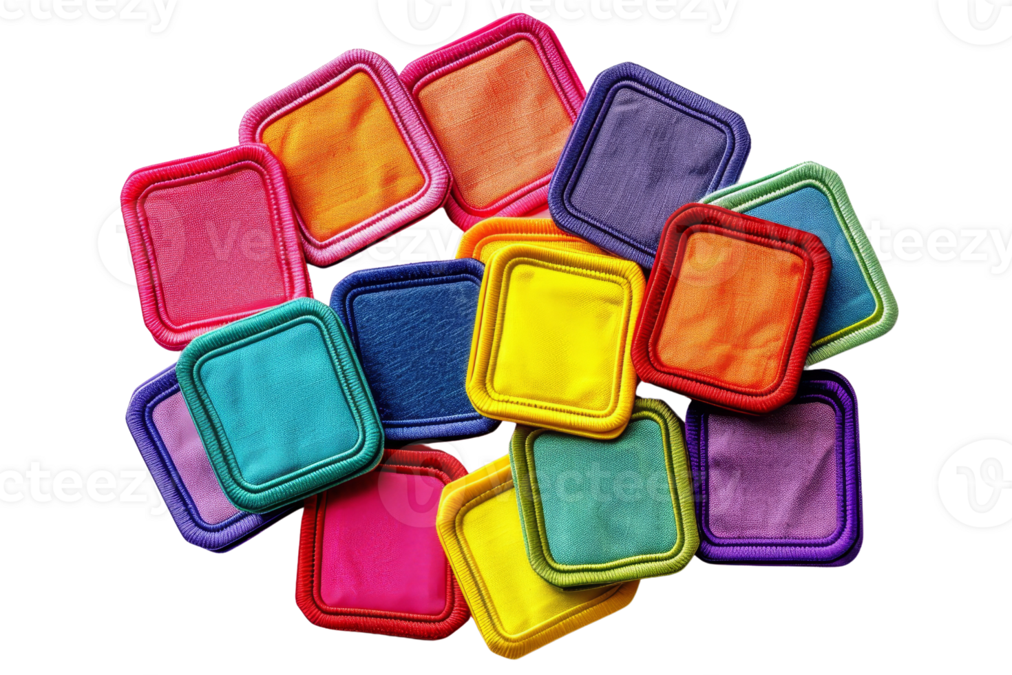 Assorted colorful square fabric pieces stacked together, showcasing a vibrant array of colors and textures on a transparent background. png