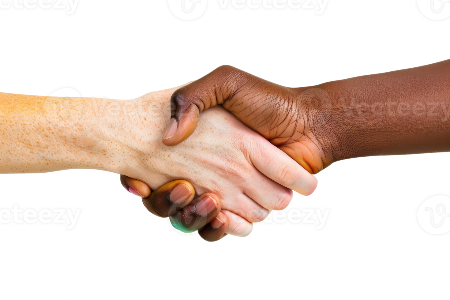 Close-up of two hands from different ethnicities shaking hands, symbolizing diversity, partnership, and mutual respect. png