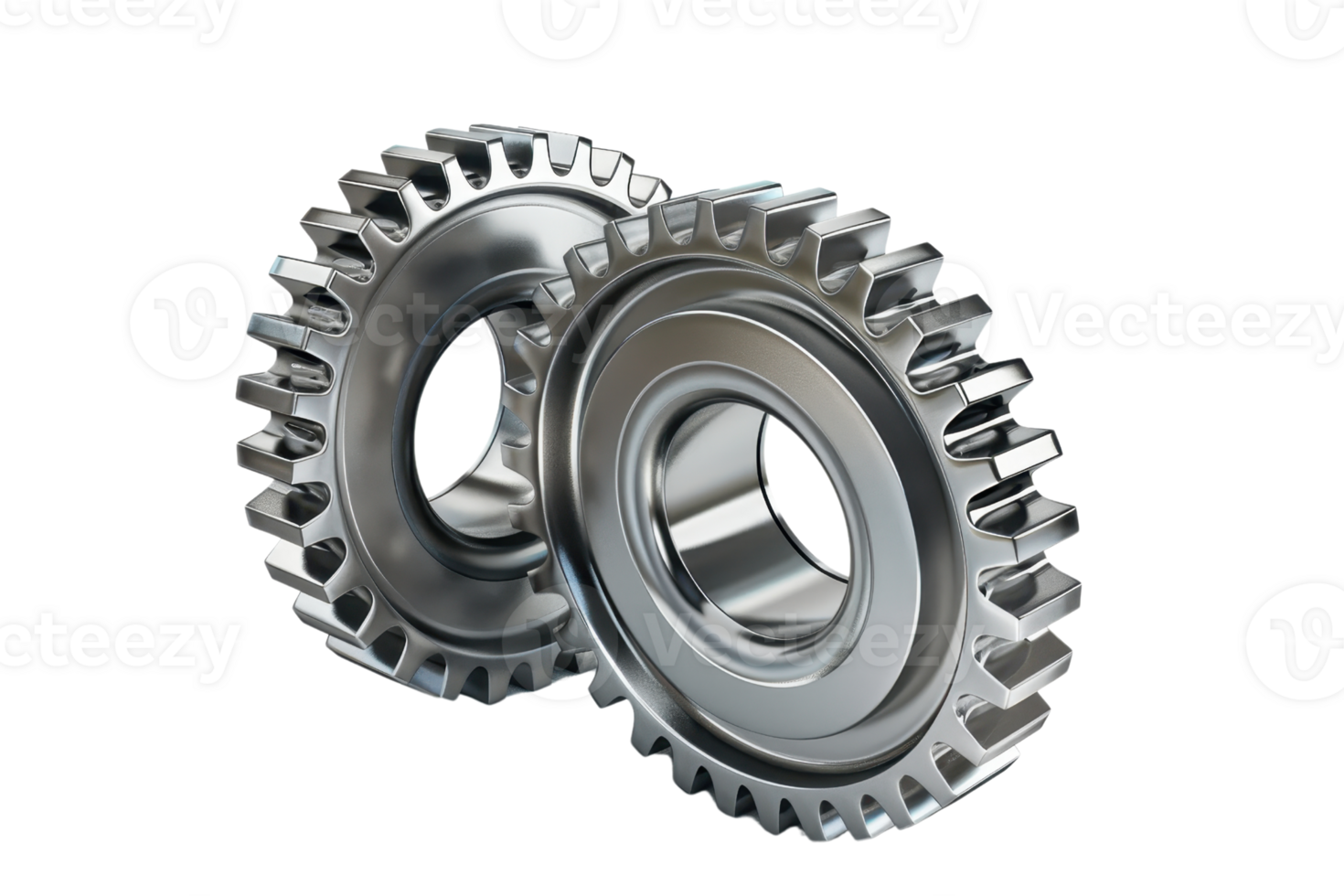 Close-up of two interlocking metallic gears on a transparent background. representing teamwork, engineering, and mechanical precision. png