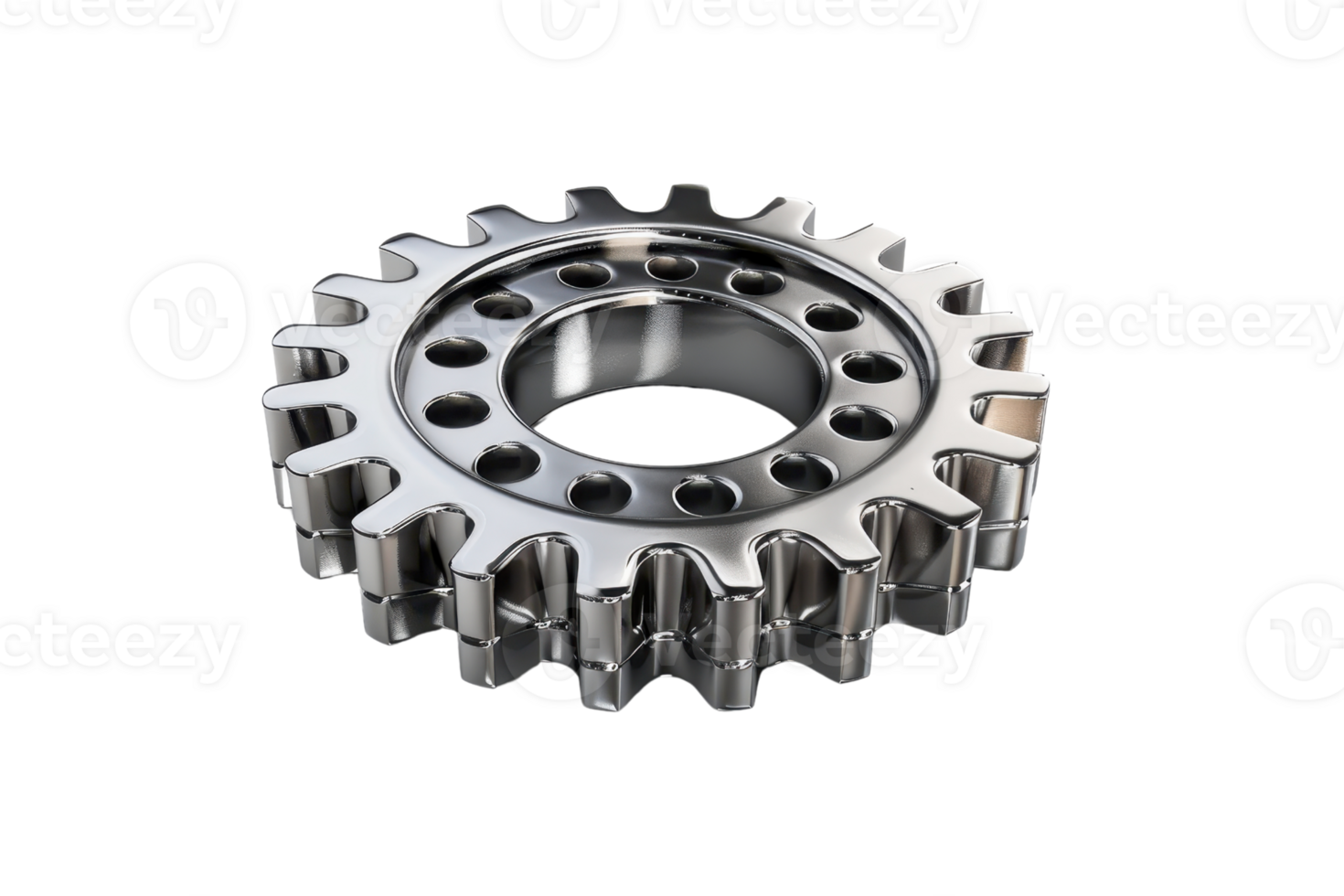 Close-up of a shiny metal gear wheel isolated on transparent background. showcasing industrial engineering and machinery components. png