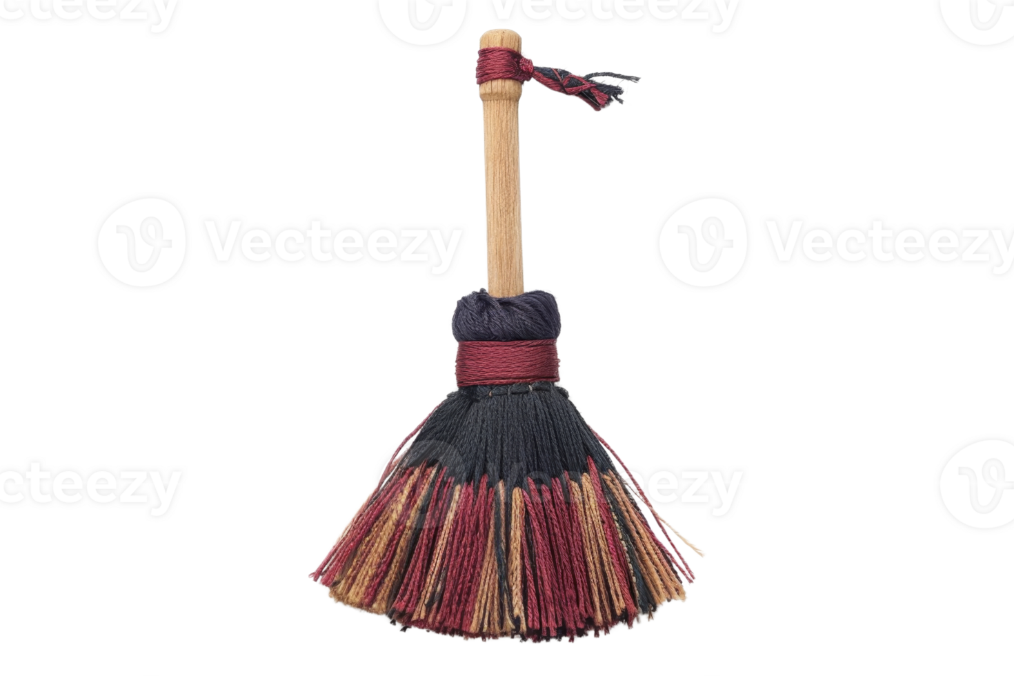Colorful handmade broom with wooden handle, traditional household cleaning tool, isolated on transparent background. png