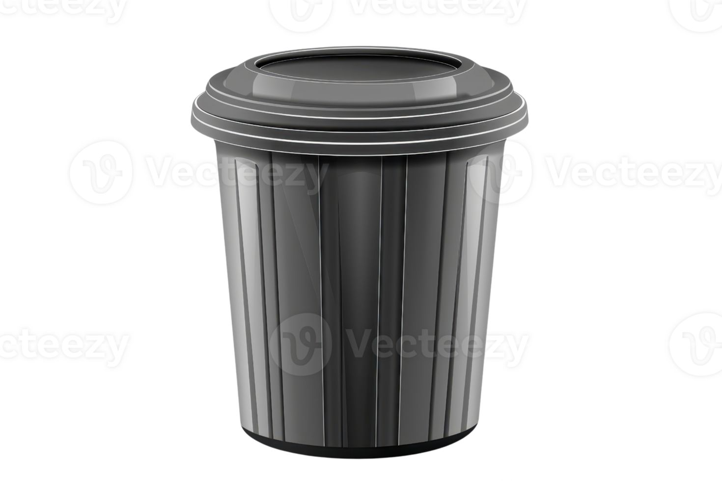 Black plastic garbage bin with lid, isolated on transparent background. Ideal for waste disposal, recycling, and household use. png