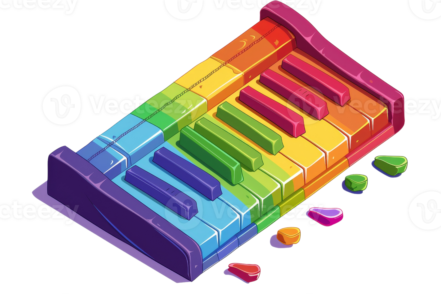 Colorful digital illustration of rainbow piano keyboard with detached keys. Vibrant and artistic design in a playful style. png