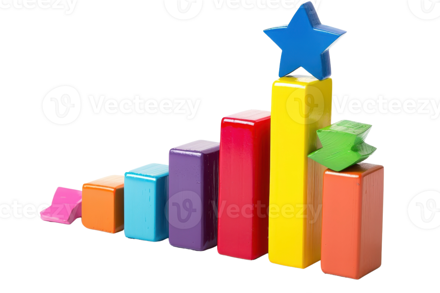 Colorful 3D bar chart made from wooden blocks arranged in ascending order, symbolizing improvement and success with stars on top. png