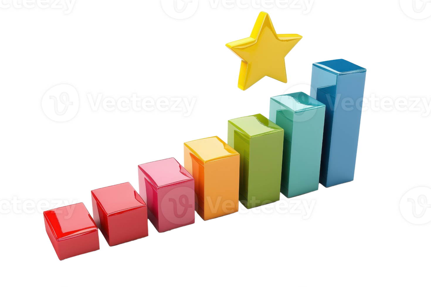 Colorful 3D bar graph with ascending blocks and a golden star on top, representing success, growth, and achievement. png