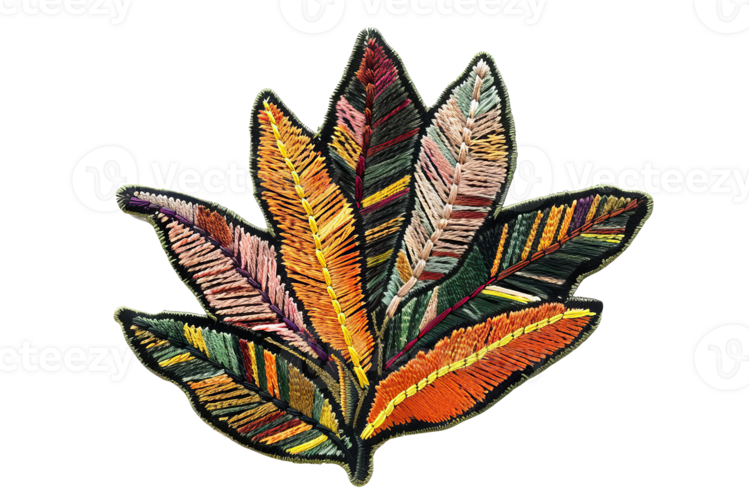 Colorful embroidered fabric leaf design with intricate patterns, perfect for crafts, fashion, or home decor projects. png