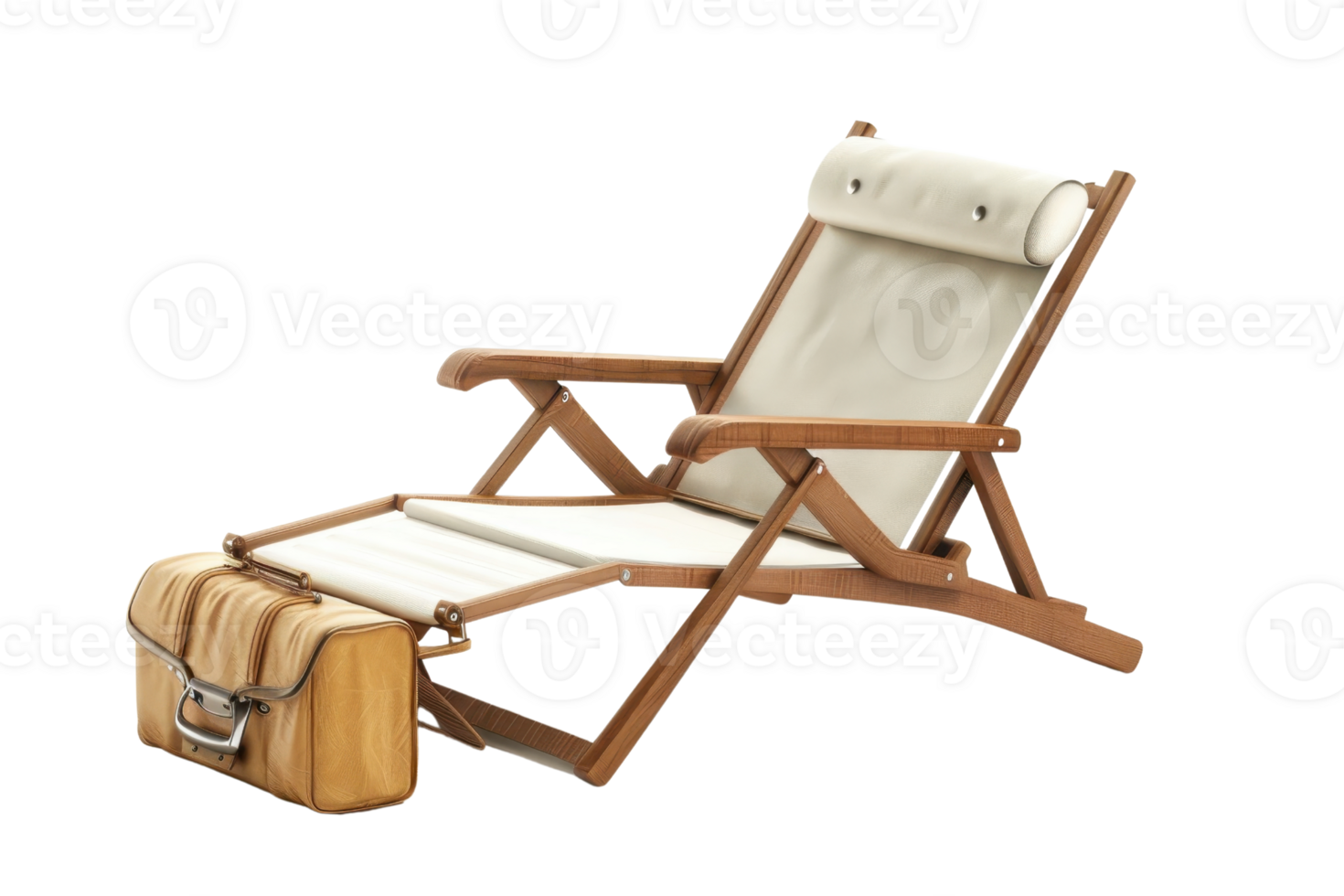 Comfortable wooden lounge chair with beige cushion and wooden storage box, perfect for outdoor relaxation and garden seating. png