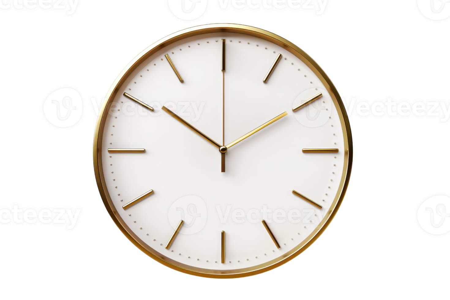 Elegant minimalist wall clock with a white face and gold accents, showcasing a modern design perfect for home or office decor. png