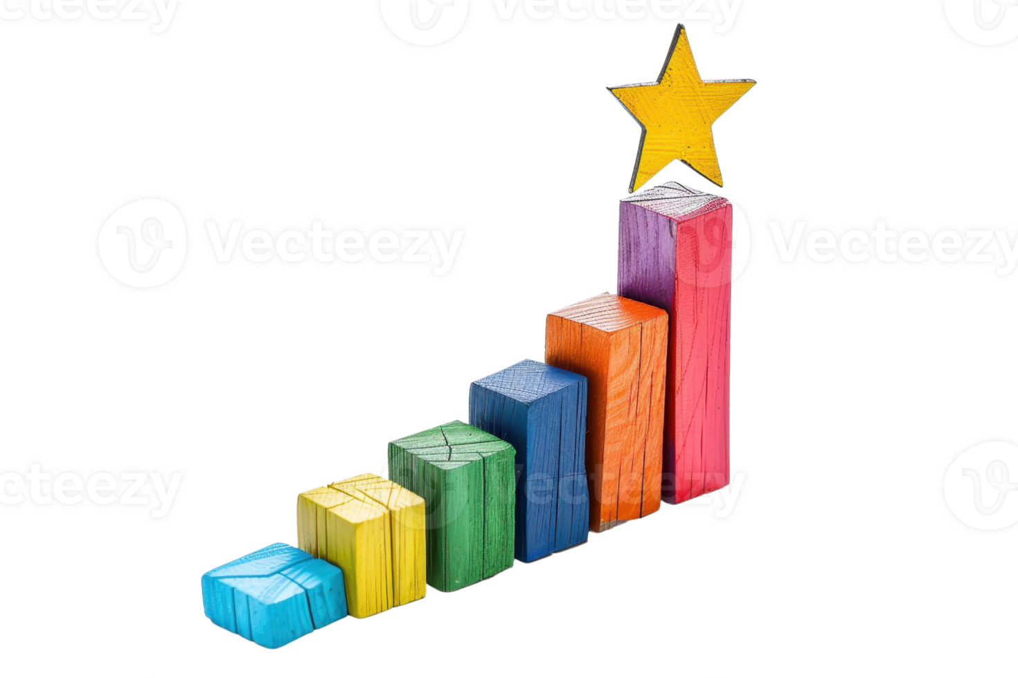 Colorful wooden blocks arranged in ascending order with a star on top, symbolizing growth, progress, and reaching goals. png