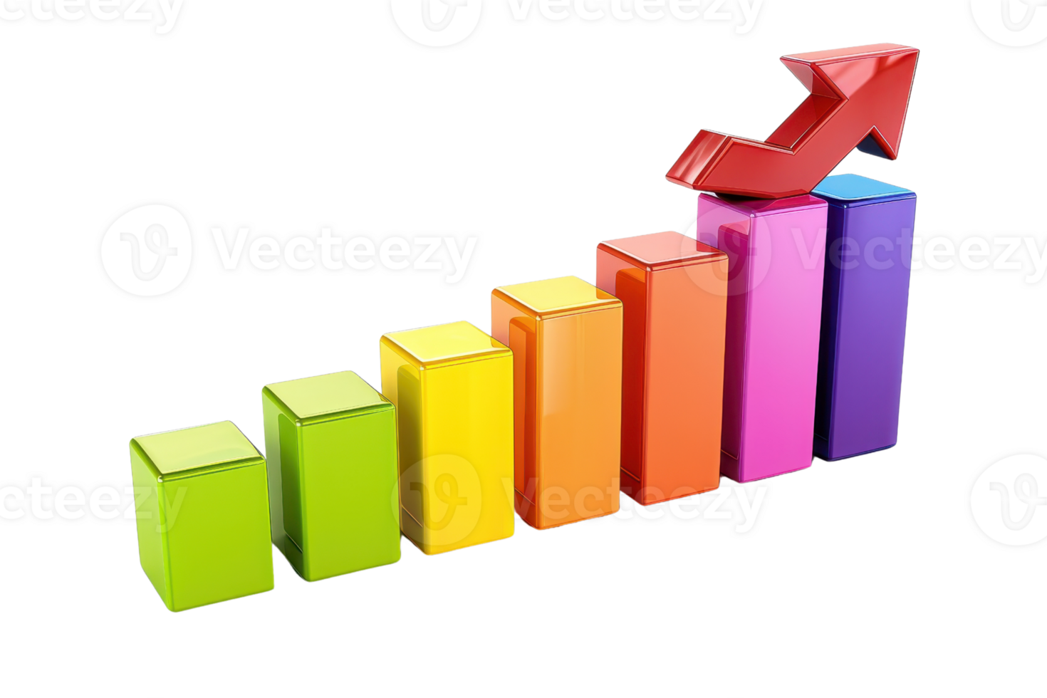 Colorful 3D bar graph with an upward arrow indicating growth and progress. Perfect for business and financial presentations. png
