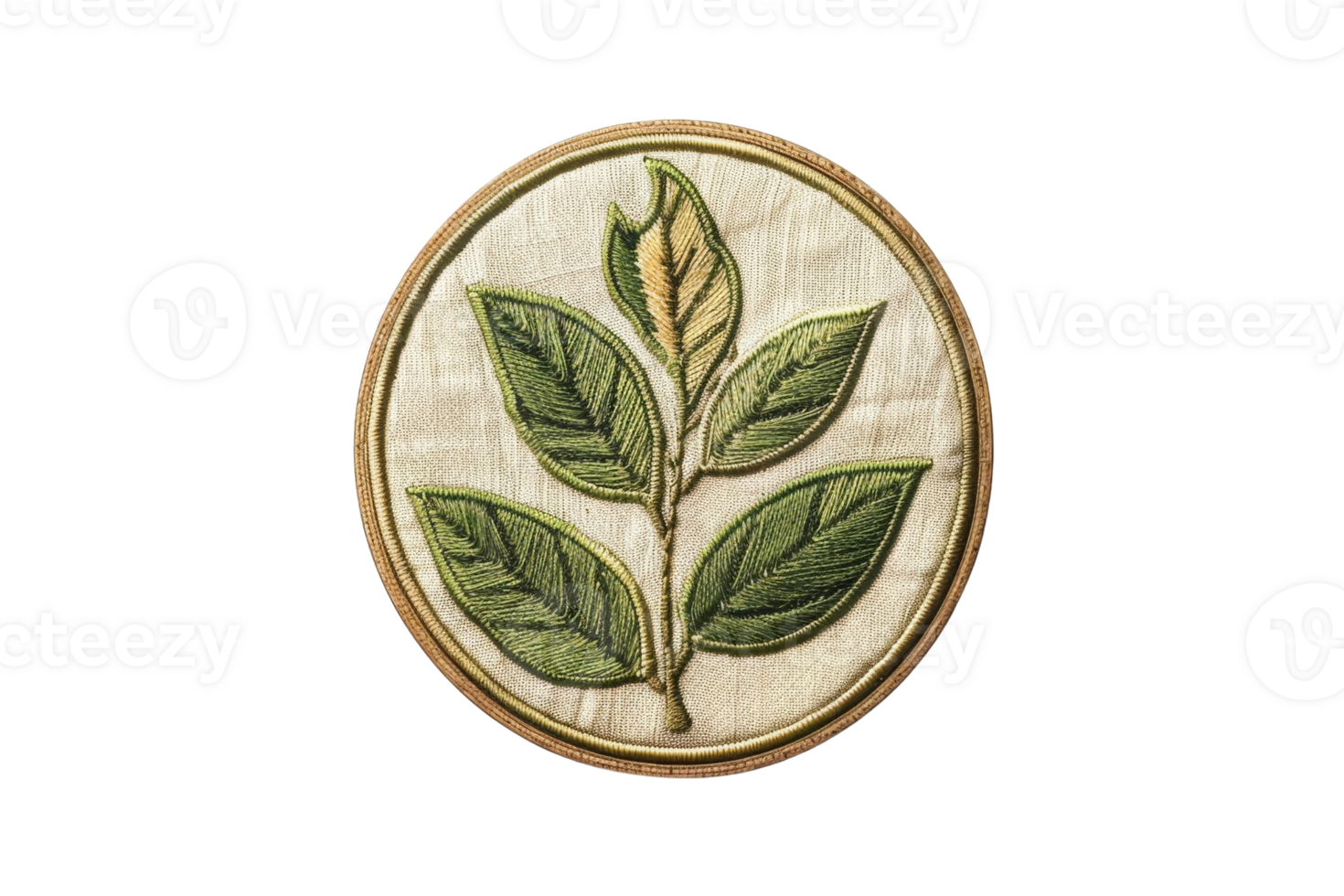 Embroidered badge with detailed green leaves on white fabric, circular design, ideal for nature-themed projects and crafts. png