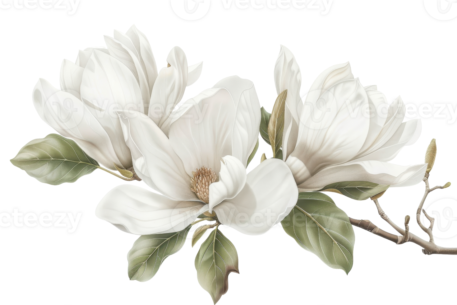 Detailed illustration of three elegant white magnolia flowers with green leaves, showcasing their beauty and intricate design. png