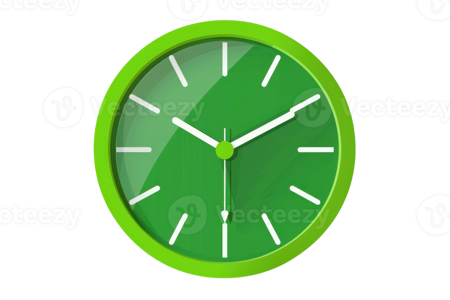 Green wall clock with white hands and markers on a transparent background. Perfect for time-related concepts and design projects. png