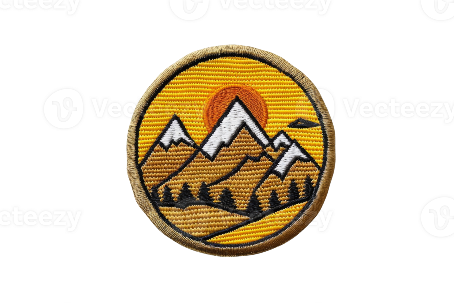Embroidered badge featuring a sunset mountain design with three peaks, trees, and an orange sky, perfect for outdoor and adventure motifs. png