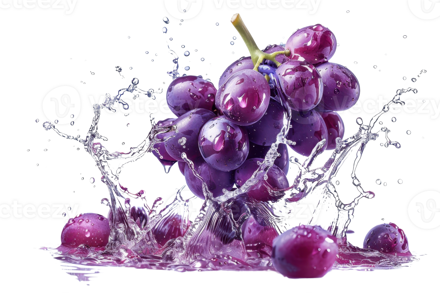 Fresh purple grapes splashing in water, isolated on transparent background. High-resolution vibrant fruit picture perfect for healthy food concepts. png