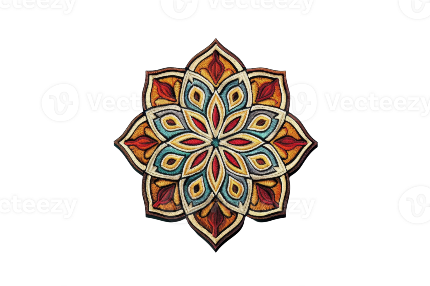 Intricate mandala pattern design with colorful geometry on black background, art for decoration and meditation purposes. png