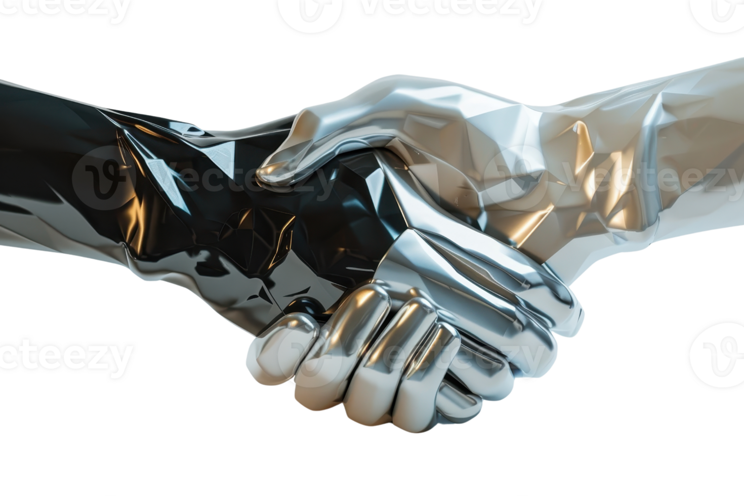 Futuristic handshake between a black and silver robotic hand, symbolizing technology, partnership, and innovation in the modern world. png