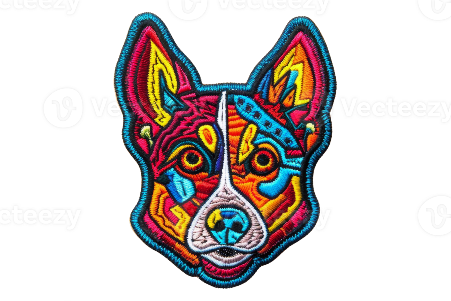 Vibrant, artistic dog face illustration with colorful, intricate patterns, perfect for modern design and creative projects. png