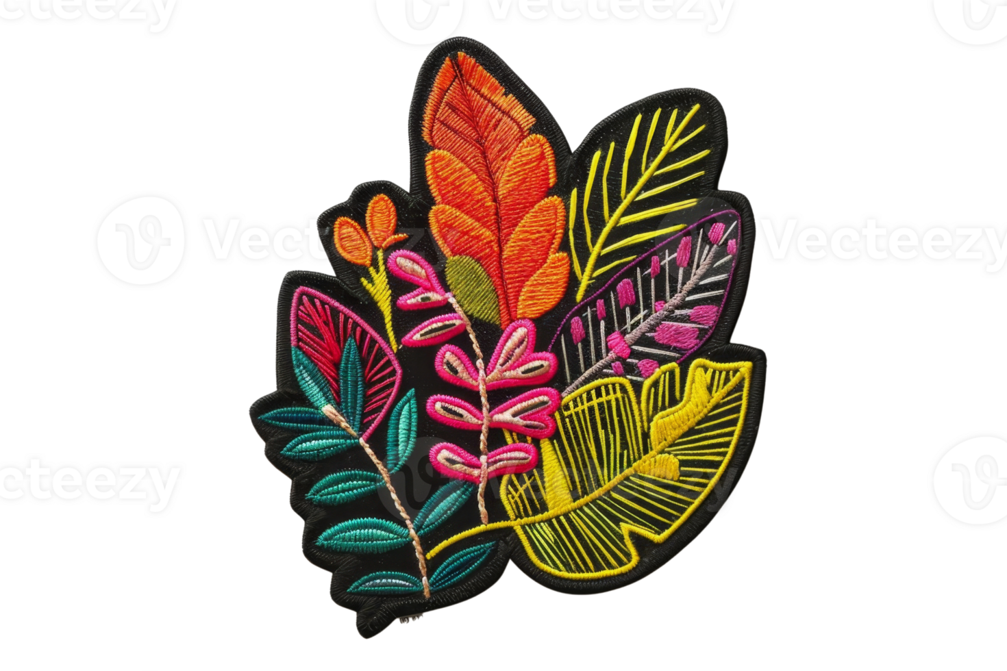 Vibrant embroidered botanical design with colorful leaves on black background. Perfect for craft, textile, and nature-themed projects. png