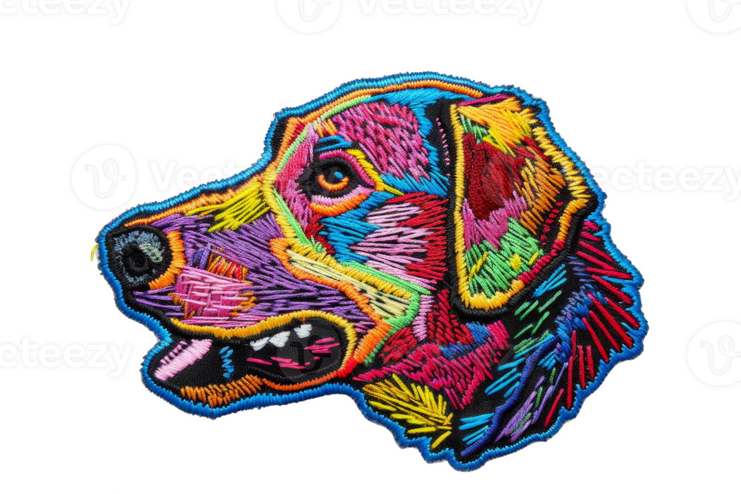 Vibrant, colorful embroidered dog patch showing detailed artwork with multiple hues, perfect for decoration and customization. png