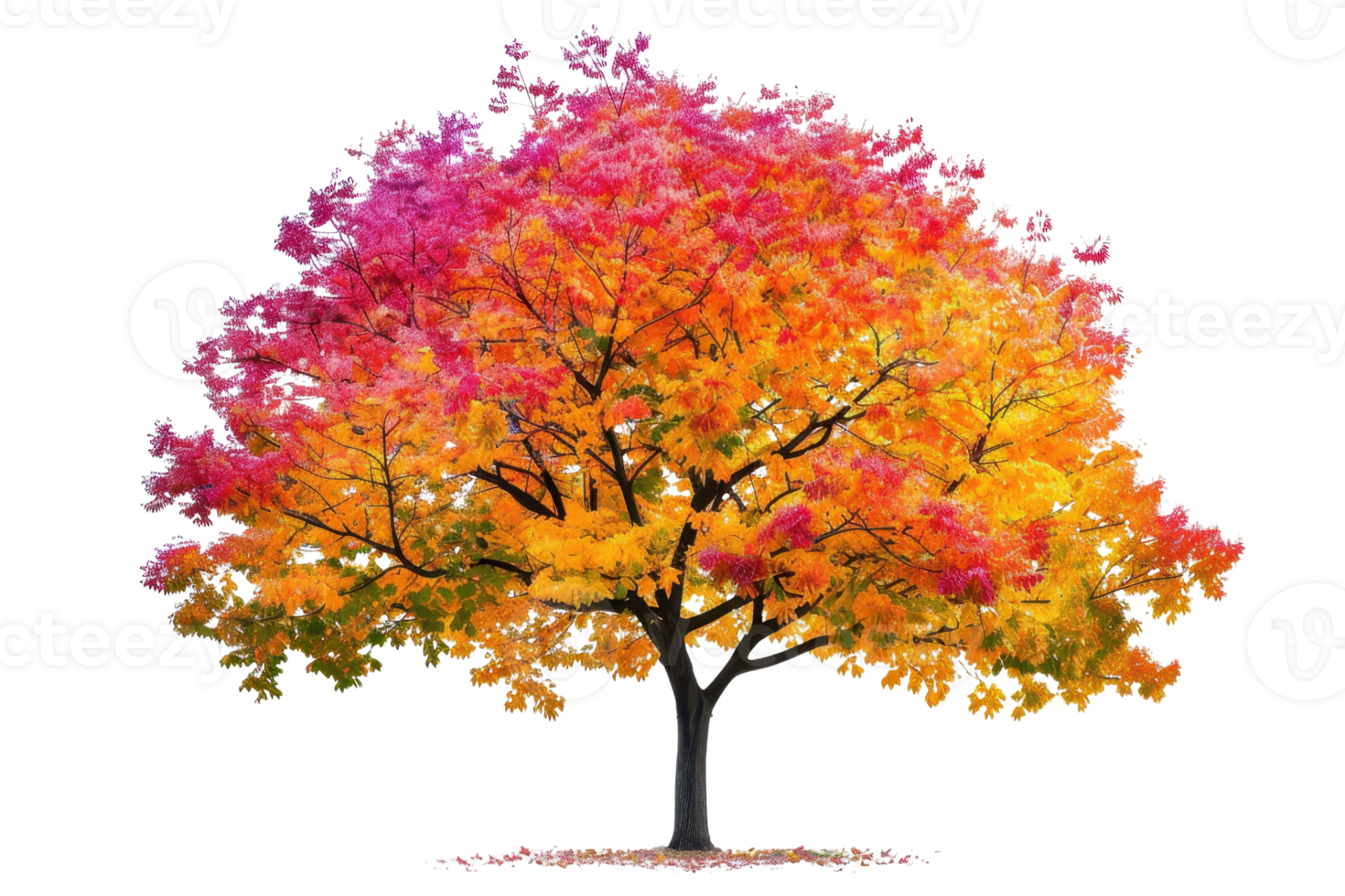 Vibrant autumn tree with colorful foliage in shades of red, orange, and yellow isolated on a transparent background. png