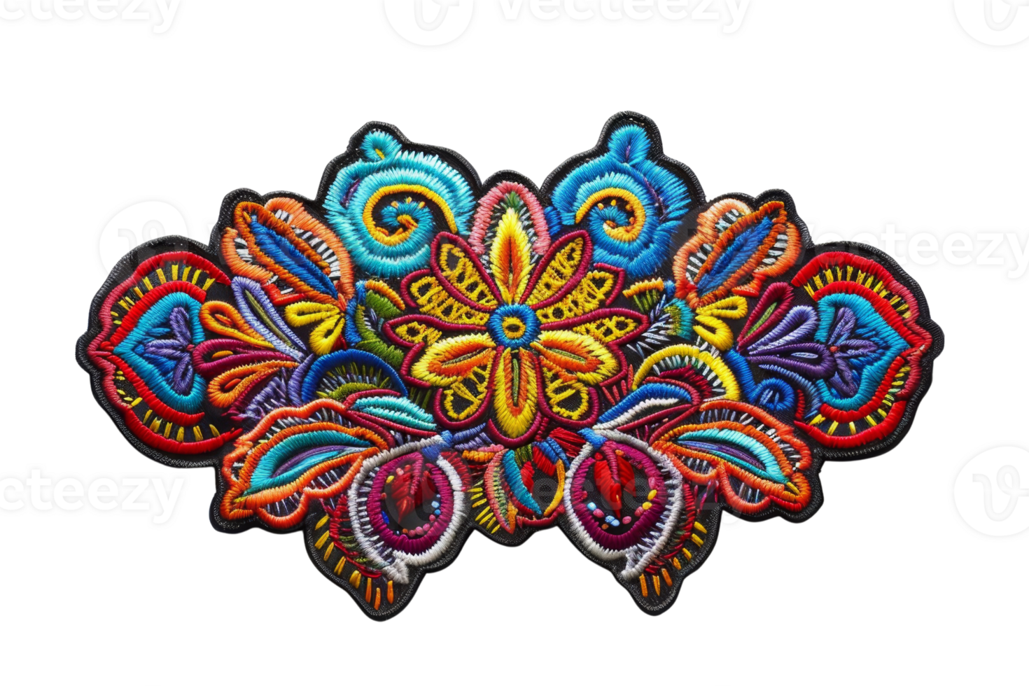 Vibrant embroidered floral pattern with intricate colorful design, ideal for textile and fashion backgrounds, artistic craft concepts. png