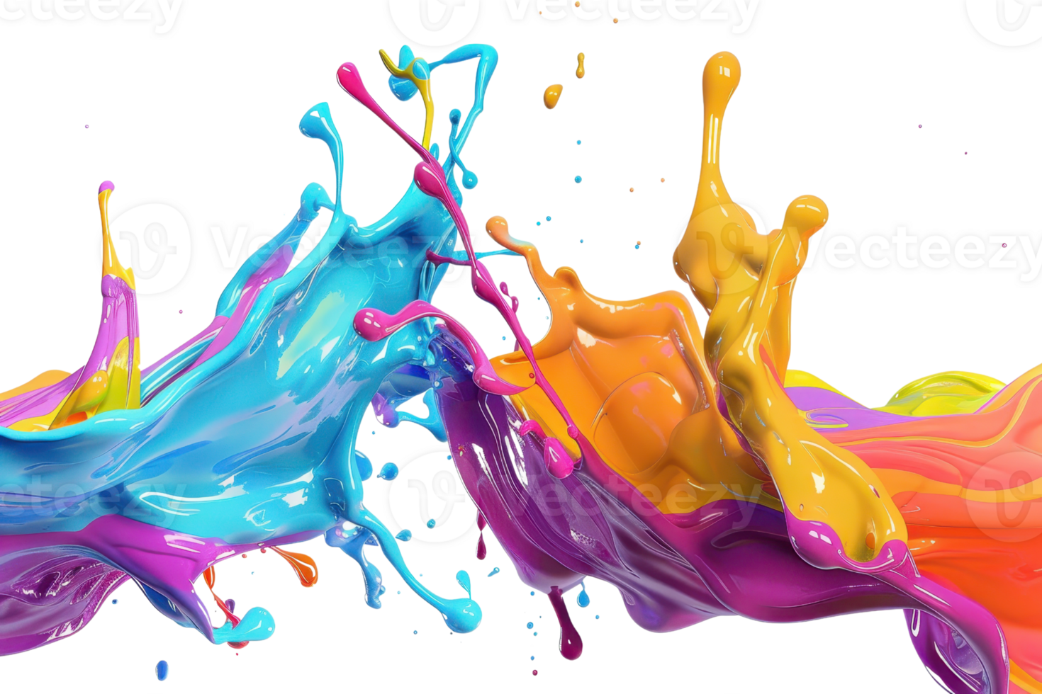 Vibrant splash of colorful paint in dynamic motion, creating a stunning visual effect with blue, yellow, purple, and pink hues on a transparent background. png