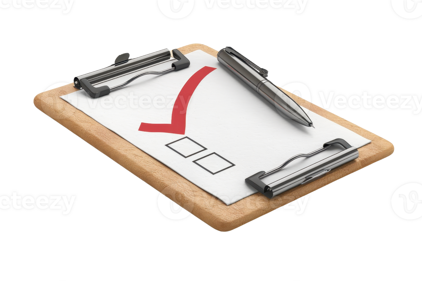 Wooden clipboard with a marked checklist and pen, ideal for business, organization, and productivity concepts. png