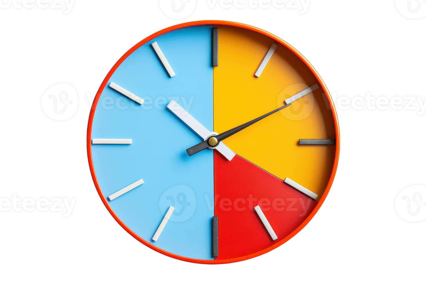 Colorful wall clock with a modern design, featuring red, blue, yellow, and orange segments. Shows time with minimalistic white hands and hour markers. png