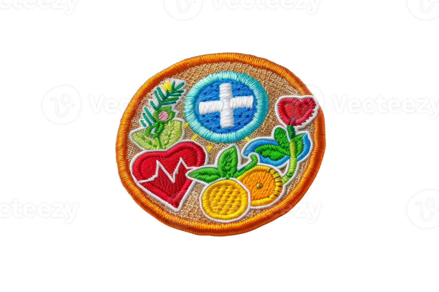 Colorful embroidered badge with heart, cross, plants, and fruit design on transparent background. symbolizing health and well-being. png