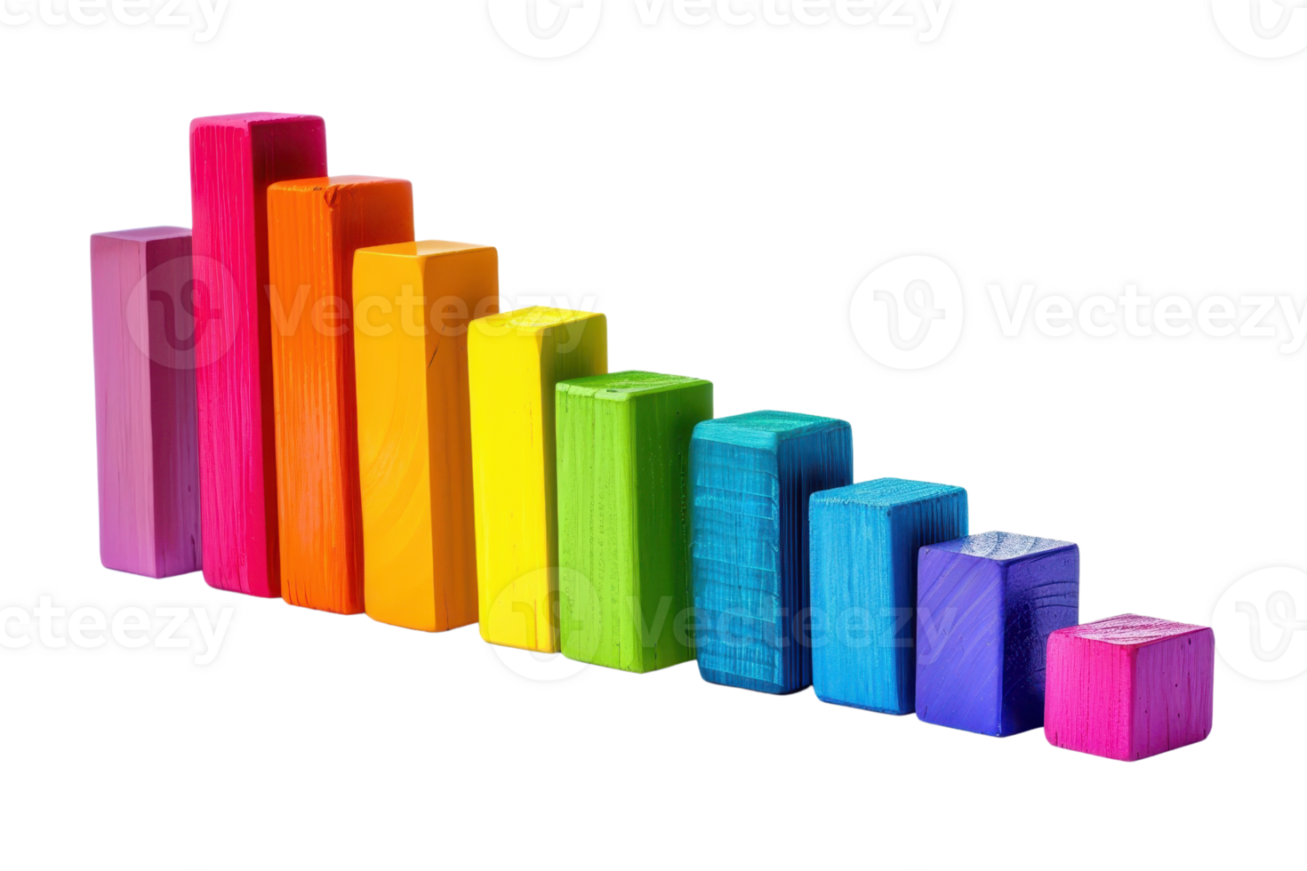 Wooden rainbow-colored blocks arranged in descending order, concept of growth, business chart, or child education on a transparent background. png
