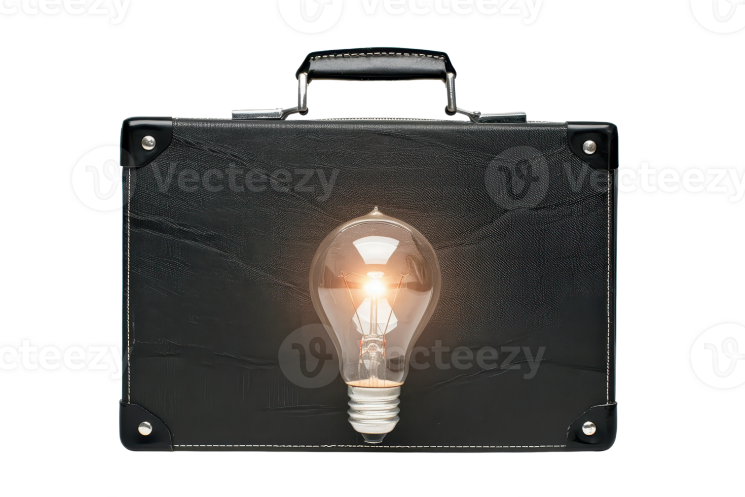 A lit lightbulb embedded in a black leather briefcase symbolizing business ideas, innovation, creativity, and inspiration. png