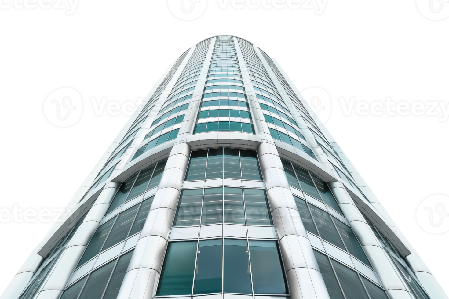 Modern high-rise building with glass windows and sleek architectural design, viewed from a low angle against a clear background. png